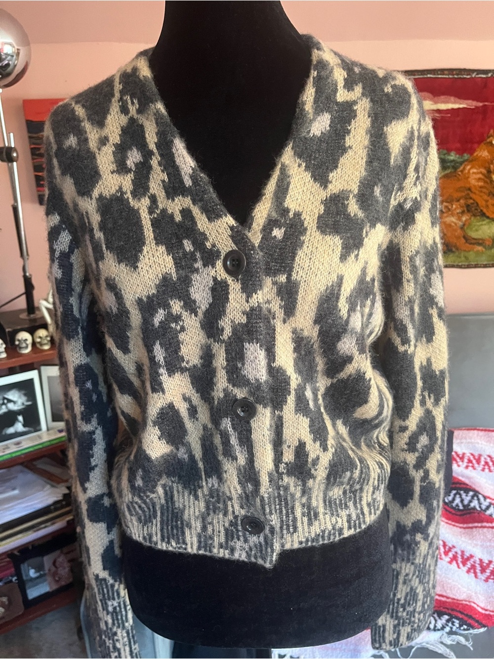 Allsaints V-Neck Animal Print Button-Front Women's Sweater - Black & Cream